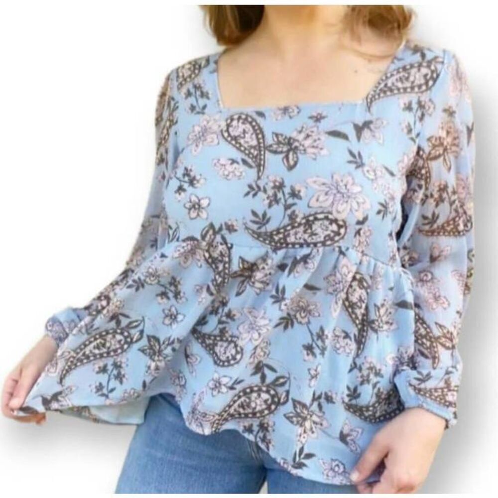 AMERICAN EAGLE OUTFITTERS BLUE & PINK PAISLY PEPLUM BABYDOLL TOP SZ.XS EUC.